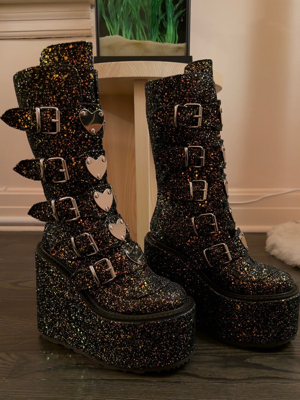 Glitter Platform Combat Boots with Heart Buckles - Black Multi Glitter